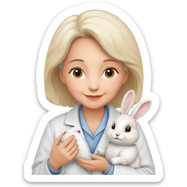 Older female vet – gentle smile, coat, checking rabbit  sticker