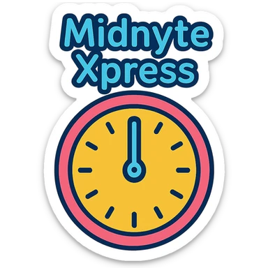 colorful outlined icon style clock at midnight with the text 'Midnyte Xpress' above it sticker