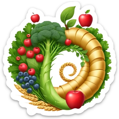 Golden wheat stalks, green leafy vegetables, bright apples, berries, broccoli, and tiny seeds surrounding a glowing spiral digestive system. Light sparkles flow through the intestines showing fiber's cleansing effect. sticker