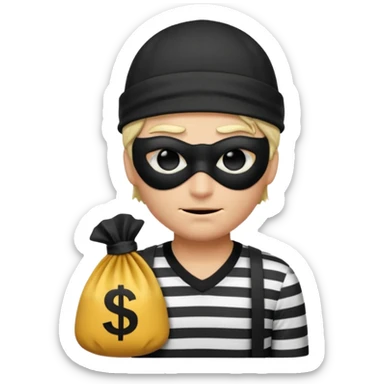 a short ios emoji-style portrait of a classic burglar, a black eye mask and a black-and-white striped shirt. emoji-like hair, black hat, ONE bag of money 💰 with a dollar sign in a right corner, evil expression WITHOUT a hand  sticker