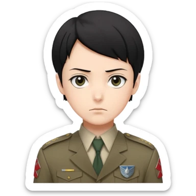 short black neat hair, sharp dark gray eyes, pale skin, serious expression, upright posture, minimal accessories, sharp and precise style. Levi Ackerman  sticker