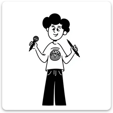 enthusiastic musician with wide smile holding microphone and pen, energetic expression sticker