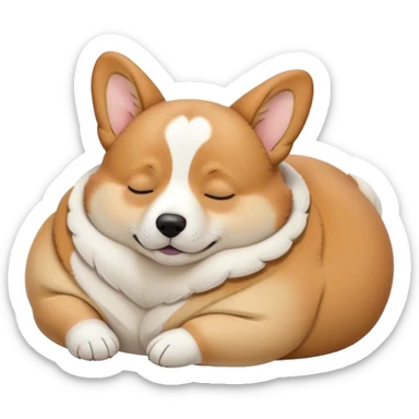 Cinematic Chubby Sleeping Corgi Portrait Emoji, Chubby and serene, with a round, adorable build, a smooth fawn coat accented by white patches, and those signature short legs, eyes gently closed in peaceful slumber, Simplified yet irresistibly endearing features, highly detailed, glowing with a gentle, dreamy glow, high shine, relaxed and content, stylized with a touch of whimsy, bright and heartwarming, soft glowing outline, capturing the essence of a blissfully sleepy herder, so comically serene it feels like it could roll out of the screen and snore with adorable charm! sticker