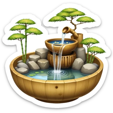 Shiny sparkly glittery beautiful elegant pretty precious divine Japanese zen garden vintage old bamboo fountain with a beautiful wooden bowl underneath aesthetic scenery  sticker