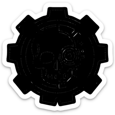 Add red and black color to the Adeptus Mechanicus logo, keeping the cyborg skull and cogwheel design, bold and iconic style, preserve transparent background, sharp lines, logo style. sticker