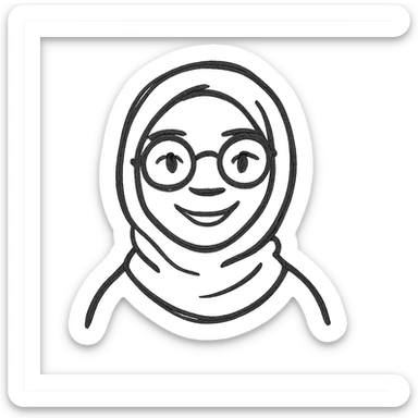 black girl with a hijab and round glasses, smiling, hand drawn icon style, no background sticker