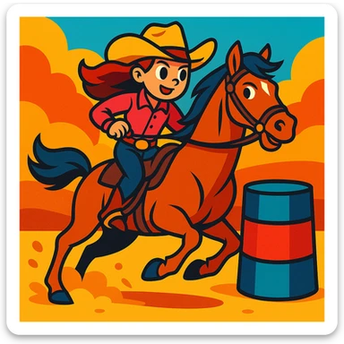 a girl barrel racing on a horse, western cartoon style, vibrant colors sticker