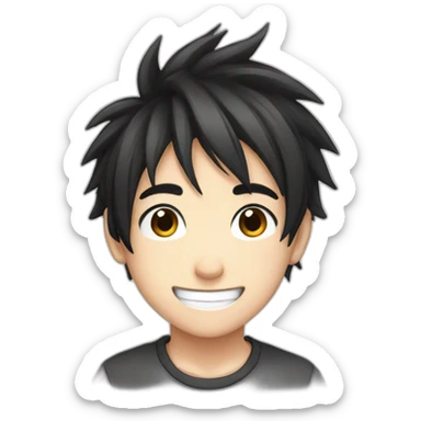 anime boy cartoon smiling with black hair and black and white t shirt sticker