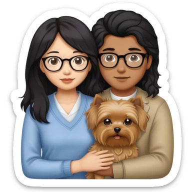 A couple holding a small Yorkshire Terrier together. The girl is Asian with long, luscious wavy black hair (loose, no hair tie). She is next to her boyfriend, a brown-skinned man wearing glasses with a korean haircut sticker