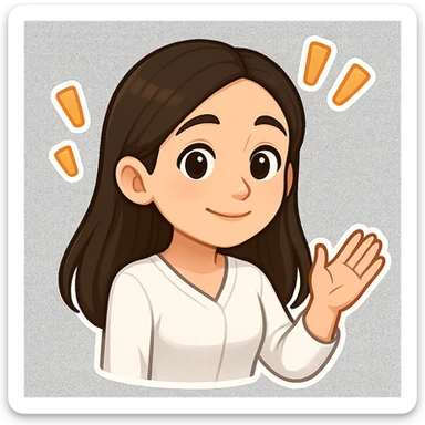 Create a 3D chibi bitmoji style sticker of the girl from the reference image, preserving the same face, hair, and style. She has an attentive and kind face with exclamation marks. The sticker should have a white outline and a transparent background. sticker