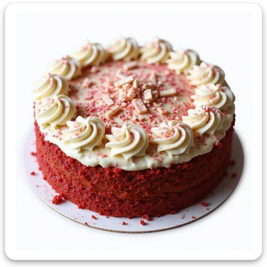 realistic round cake with red velvet frosting and white chocolate shavings, photorealistic style sticker