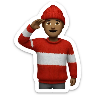 Man salutes in a red knitted hat sticker