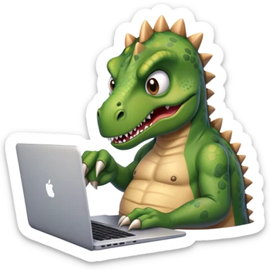 tired dinosaur with angry face working on laptop  sticker