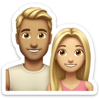 Woman and man smiling, woman has straight Brown hair in a ponytail, slightly sunkissed skin, man has blonde long hair which are in a ponytail, slightly sunkissed skin sticker