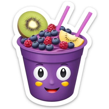 acai bowl in a purple plastic cup, simple, bright, with fruit toppings, emoji style sticker