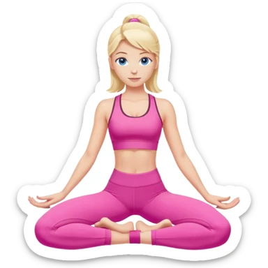 a nlode girl with blue eyes wearing a pink workout set, doing pilates sticker