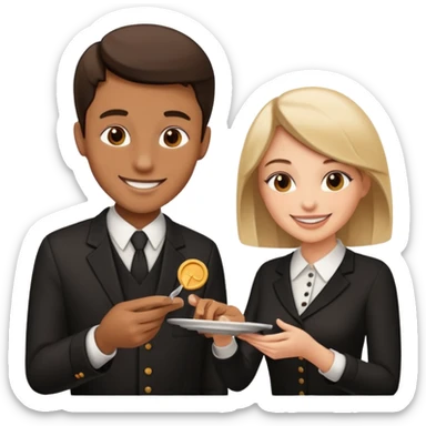 a man and a woman server exchanging a tip sticker