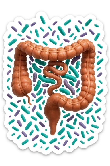 intestino umano anatomico realistico pieno di batteri intestinali viola e turchesi che gli fluttuano intorno, IPERREALISTICA 4K sticker