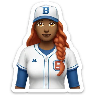 front facing, standing female coach with long red hair, wearing a white t-shirt and a simple blue baseball hat sticker