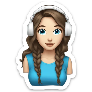 brunette white girl with long hair blue eyes listening to music with her phone in her hand with white wired headphones  sticker