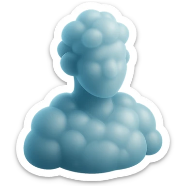 person from shoulders front view, fully composed of bright convex clouds, face also made of clouds, matte glass style sticker