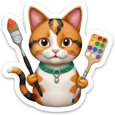A cat holding brushes and a colour pallete because he is an artist sticker