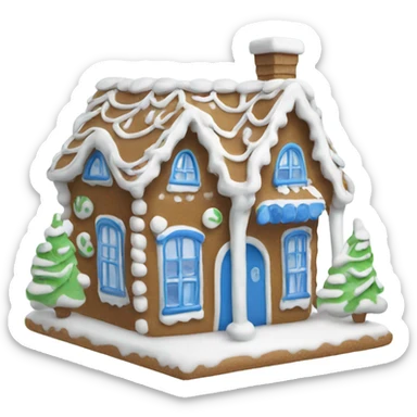 A blue and white gingerbread house sticker