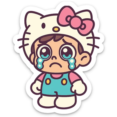 a cartoon boy dressed as Hello Kitty, crying, big eyes, pink bow, vibrant toon style, pastel colors sticker