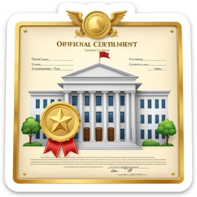 Government building with an official certificate or diploma document next to it sticker