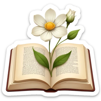 Icon for Poetry Reading: an open book with flowing, elegant verses on the pages, surrounded by a delicate flower. The icon should evoke the beauty and emotion of poetry. Transparent background. sticker