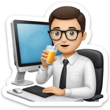 Hombre blanco con gafas tomando un refresco frente a un ordenador sticker