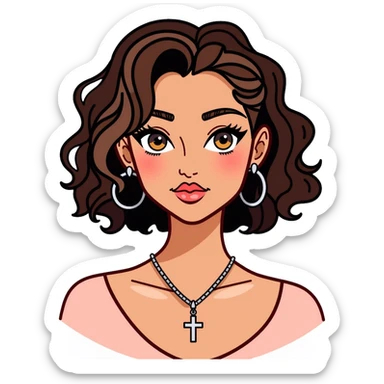 Light-skinned girl with honey brown eyes, long thick eyelashes, thin dark brown eyebrows, dark brown short curly hair with light highlights, flushed lips with heavy cupid bow, wearing a silver cross necklace, round silver earrings, and a light pink top with v-line sticker