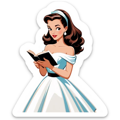 Beautiful woman in 1950’s woman fashion look, off-shoulder white dress, long dark brown hair, reading  sticker
