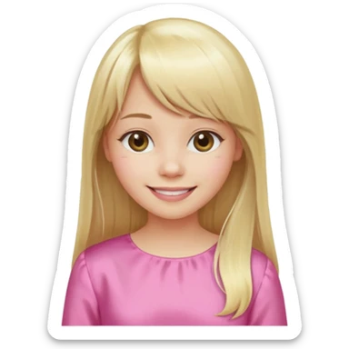 Menina branca de cabelo loiro longo de franja na testa sorrindo blusa rosa sticker