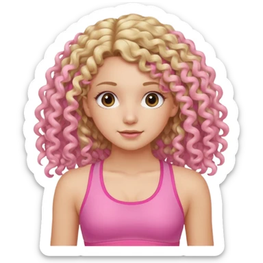 long hair curly blond haired girl DOING EXERCISE in a cute pink set sticker
