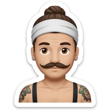 single big bun brunette hair man and mustache and face tattoos very heavy and headband sticker
