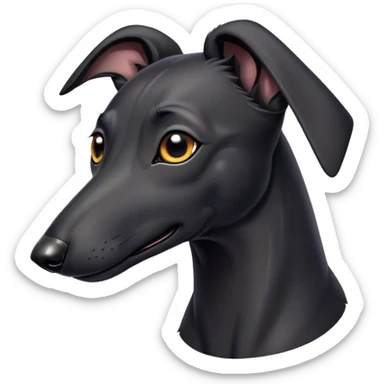 Cinematic Cute Black Greyhound Portrait Emoji, Head tilted playfully and inquisitively, featuring a smooth, shiny jet-black Fur and round, sparkling dark eyes filled with curiosity, Simplified yet irresistibly adorable features, highly detailed, glowing with a warm, friendly glow, high shine, affectionate and agile, stylized with a touch of whimsy, bright and endearing, soft glowing outline, capturing the essence of a mischievous yet loving racer, so playful it feels like it could dash out of the screen and into your arms! sticker