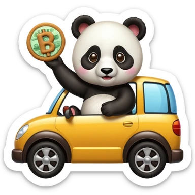 Una galleta con un panda llevando dinero en su carro  sticker
