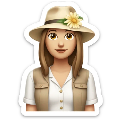 white girl with a flower in her hand, with a hat, shoulder-length brown straight hair, wearing a pastel jumpsuit with white shirt in it sticker