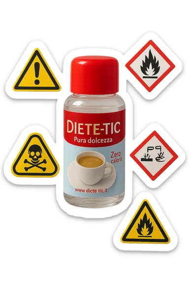 BOCCETTA DI DOLCIFICANTE LIQUIDO CON LA SCRITTA "DIETE-TIC" SULL'ETICHETTA FLUTTUA IN ARIA INSIEME A SEGNALI DI PERICOLO 3D sticker