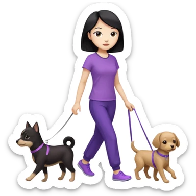 black hair Chinese woman wearing purple top and black pants walking 1 small light brown dog sticker