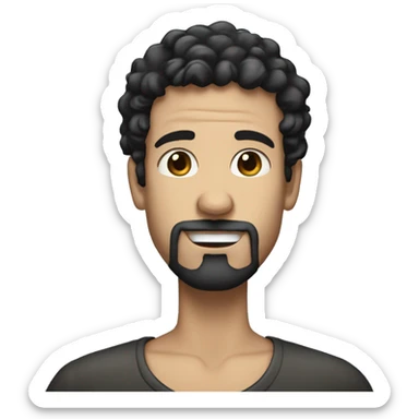 White man with curly black hair and a goatee covered in milk sticker