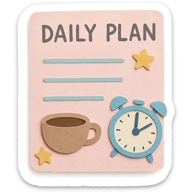 soft pastel daily planner page with coffee cup, cute clock, and star doodles, hand-drawn style sticker