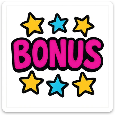 the word BONUS in large letters, all the same vibrant color, surrounded by stars, no background or sign behind, just the letters and stars, vibrant cartoon style sticker