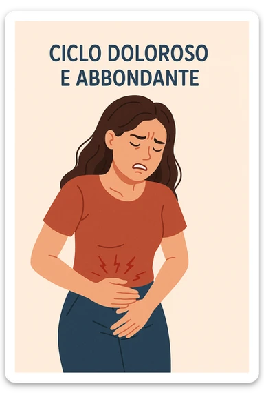 donna con ciclo doloroso e abbondante. testo in italiano. sticker