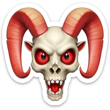 logo of a ram-horned skull with red eyes and a wide mouth, closely matching reference images, matching horn shape, skull proportions, eye color and shape, and mouth expression, bold and iconic, fully inside image borders, Apple emoji style sticker