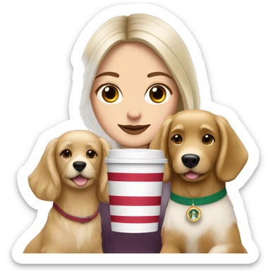 brunette white girl drinking starbucks with 2 golden retriever dogs sticker