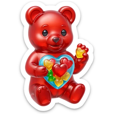 Multicolored gummy bear holding gummy anatomically correct heart sticker