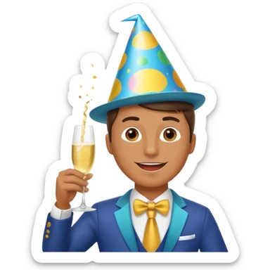 An energetic man throws his head back, drinking champagne loudly as the New Year begins. sticker