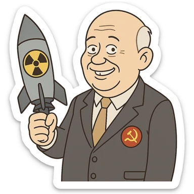 Soviet leader Nikita Khrushchev wearing a suit with a large communist badge holding a nuclear weapon and smiling sticker